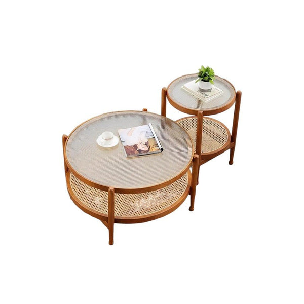 Cement Effect Coffee Table Set with Oak Finish, Solid Wood & Rattan Nesting Tables, Modern Living Room Side Table Set - Sleek Furniture