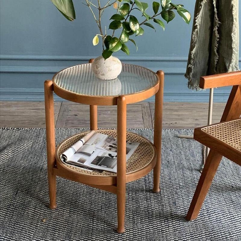 Cement Effect Coffee Table Set with Oak Finish, Solid Wood & Rattan Nesting Tables, Modern Living Room Side Table Set - Sleek Furniture