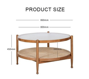 Cement Effect Coffee Table Set with Oak Finish, Solid Wood & Rattan Nesting Tables, Modern Living Room Side Table Set - Sleek Furniture
