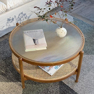 Cement Effect Coffee Table Set with Oak Finish, Solid Wood & Rattan Nesting Tables, Modern Living Room Side Table Set - Sleek Furniture
