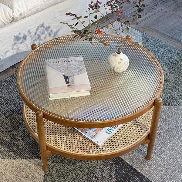 Cement Effect Coffee Table Set with Oak Finish, Solid Wood & Rattan Nesting Tables, Modern Living Room Side Table Set - Sleek Furniture