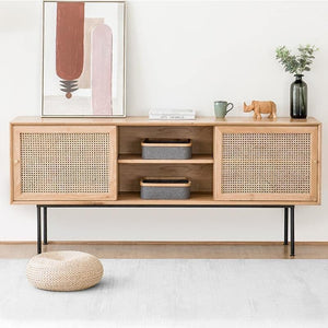 Cement Sideboard / TV Stand – Light Oak Finish Modern Storage Cabinet with Rattan & Painted Steel Frame, Contemporary Living Room Furniture Unit - Sleek Furniture