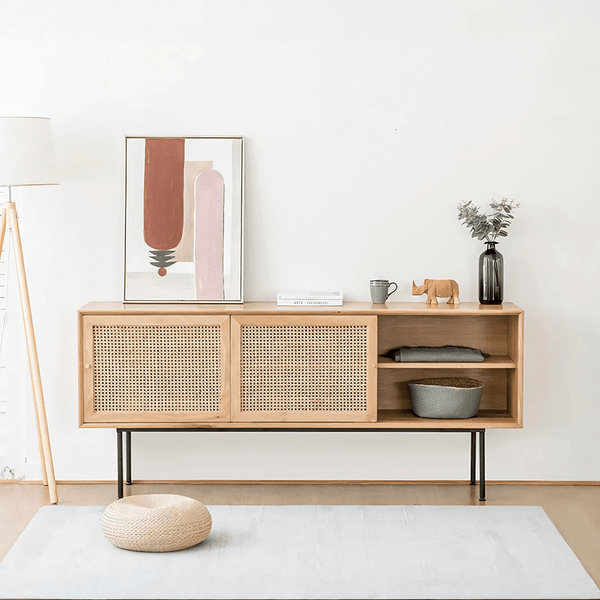 Cement Sideboard / TV Stand – Light Oak Finish Modern Storage Cabinet with Rattan & Painted Steel Frame, Contemporary Living Room Furniture Unit - Sleek Furniture