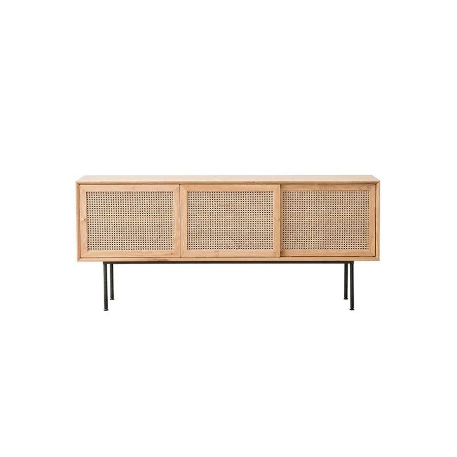 Cement Sideboard / TV Stand – Light Oak Finish Modern Storage Cabinet with Rattan & Painted Steel Frame, Contemporary Living Room Furniture Unit - Sleek Furniture