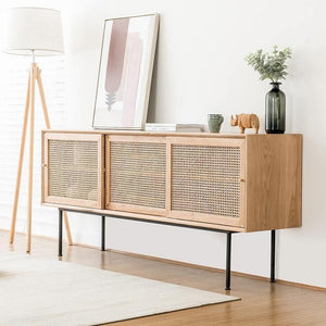 Cement Sideboard / TV Stand – Light Oak Finish Modern Storage Cabinet with Rattan & Painted Steel Frame, Contemporary Living Room Furniture Unit - Sleek Furniture