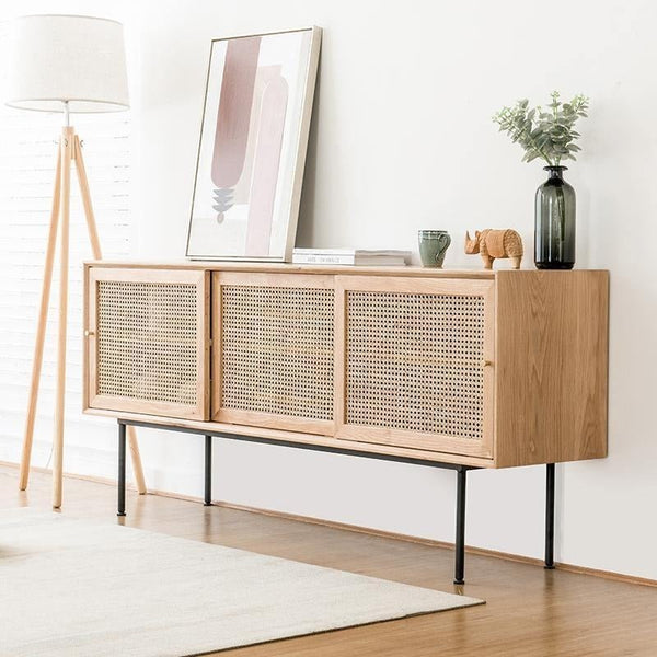 Cement Sideboard / TV Stand – Light Oak Finish Modern Storage Cabinet with Rattan & Painted Steel Frame, Contemporary Living Room Furniture Unit - Sleek Furniture