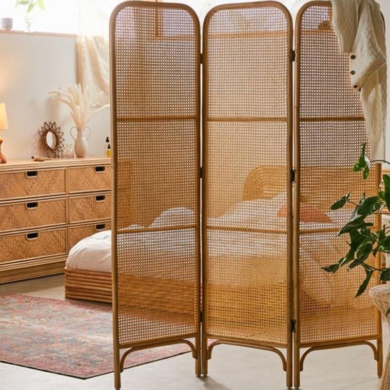 Charlesworth Rattan Folding Room Divider – Wooden Oak Privacy Screen, Contemporary Room Separator Panel, Modern Indoor Folding Screen for Living Room & Bedroom - Sleek Furniture