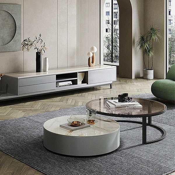 CHI Modern Round Nesting Coffee Table Set with TV Stand, Sintered Stone Top, Painted Steel Frame, MDF Storage Unit, Contemporary Living Room Furniture - Sleek Furniture