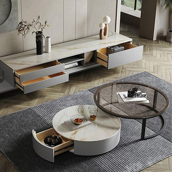 CHI Modern Round Nesting Coffee Table Set with TV Stand, Sintered Stone Top, Painted Steel Frame, MDF Storage Unit, Contemporary Living Room Furniture - Sleek Furniture