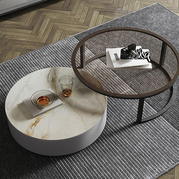 CHI Modern Round Nesting Coffee Table Set with TV Stand, Sintered Stone Top, Painted Steel Frame, MDF Storage Unit, Contemporary Living Room Furniture - Sleek Furniture
