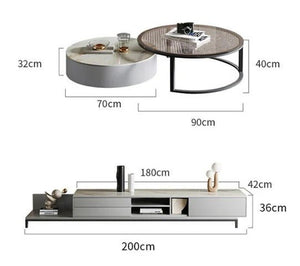 CHI Modern Round Nesting Coffee Table Set with TV Stand, Sintered Stone Top, Painted Steel Frame, MDF Storage Unit, Contemporary Living Room Furniture - Sleek Furniture