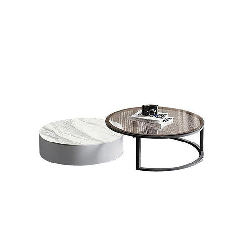 CHI Modern Round Nesting Coffee Table Set with TV Stand, Sintered Stone Top, Painted Steel Frame, MDF Storage Unit, Contemporary Living Room Furniture - Sleek Furniture