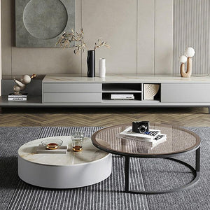 CHI Modern Round Nesting Coffee Table Set with TV Stand, Sintered Stone Top, Painted Steel Frame, MDF Storage Unit, Contemporary Living Room Furniture - Sleek Furniture
