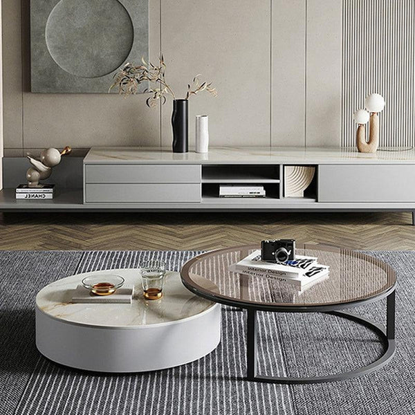 CHI Modern Round Nesting Coffee Table Set with TV Stand, Sintered Stone Top, Painted Steel Frame, MDF Storage Unit, Contemporary Living Room Furniture - Sleek Furniture