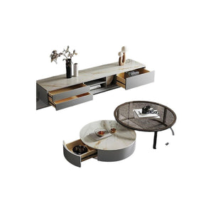 CHI Modern Round Nesting Coffee Table Set with TV Stand, Sintered Stone Top, Painted Steel Frame, MDF Storage Unit, Contemporary Living Room Furniture - Sleek Furniture