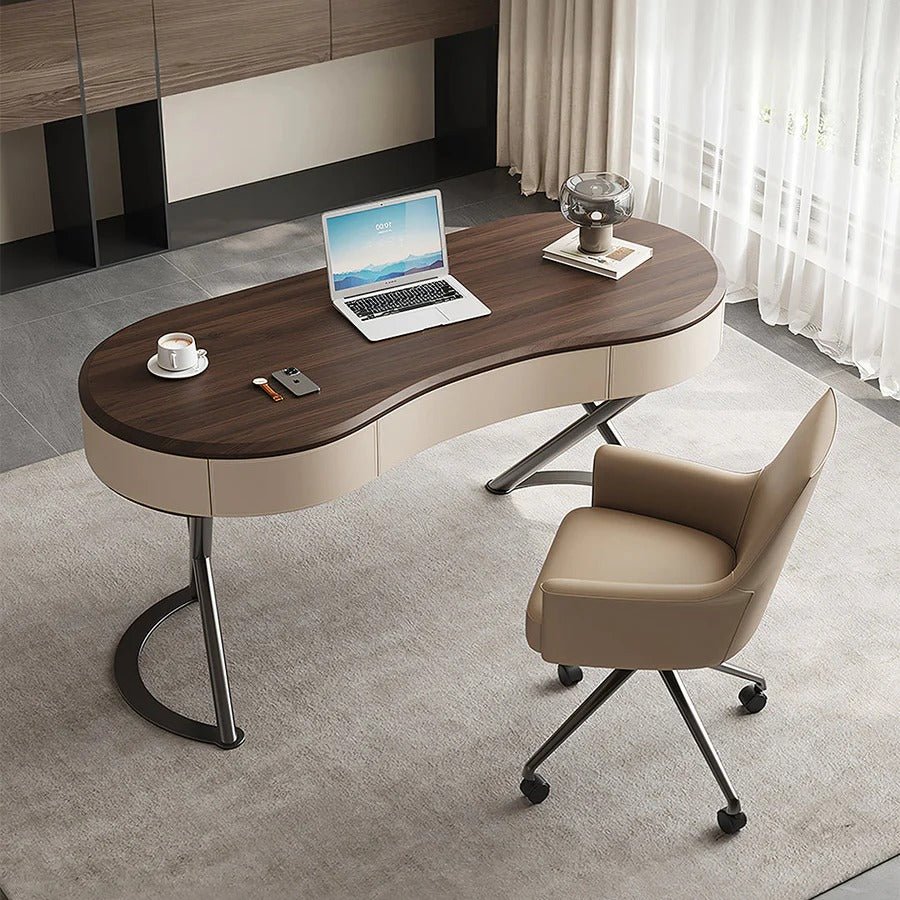 Chika Modern Curved Office Desk for Home & Office | Contemporary Wooden Study Desk with Smooth Finish | Walnut & Cream Workstation Desk with Sturdy Construction - Sleek Furniture