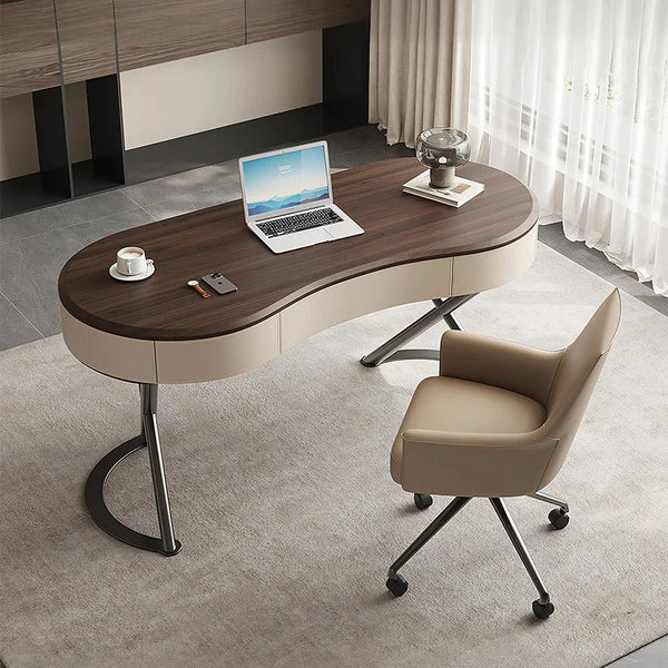 Chika Modern Curved Office Desk for Home & Office | Contemporary Wooden Study Desk with Smooth Finish | Walnut & Cream Workstation Desk with Sturdy Construction - Sleek Furniture
