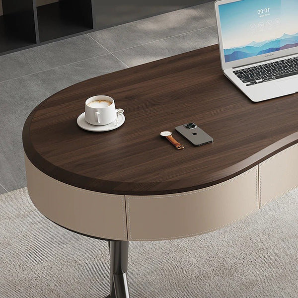 Chika Modern Curved Office Desk for Home & Office | Contemporary Wooden Study Desk with Smooth Finish | Walnut & Cream Workstation Desk with Sturdy Construction - Sleek Furniture