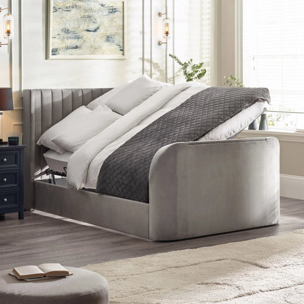 Clara light grey ottoman TV bed in modern bedroom