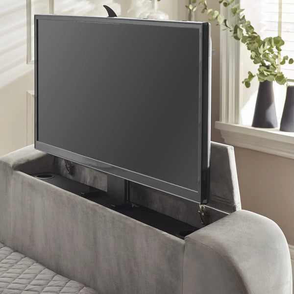 Light grey Clara TV bed with panelled upholstered headboard