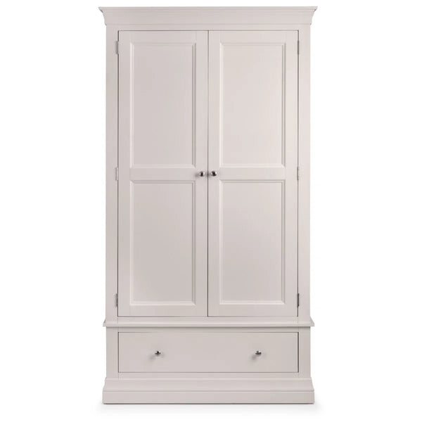 Clermont Light Grey 2 Door 1 Drawer Wardrobe – French Inspired Pine & MDF Bedroom Storage Cabinet - Sleek Furniture