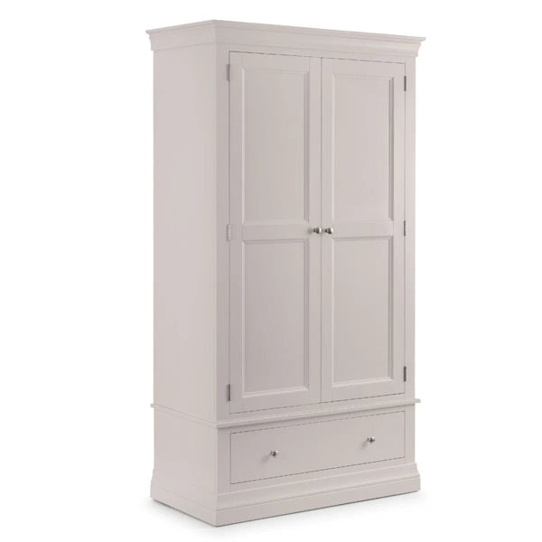 Clermont Light Grey 2 Door 1 Drawer Wardrobe – French Inspired Pine & MDF Bedroom Storage Cabinet - Sleek Furniture