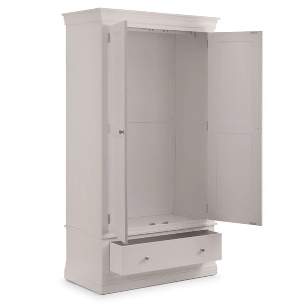 Clermont Light Grey 2 Door 1 Drawer Wardrobe – French Inspired Pine & MDF Bedroom Storage Cabinet - Sleek Furniture