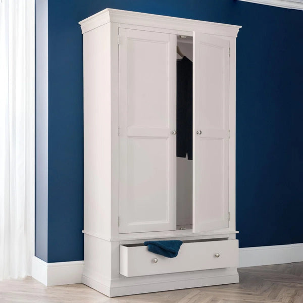 Clermont Light Grey 2 Door 1 Drawer Wardrobe – French Inspired Pine & MDF Bedroom Storage Cabinet - Sleek Furniture