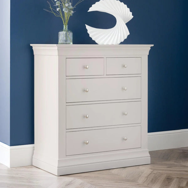 Clermont Light Grey 3+2 Drawer Chest – French Style Wooden Bedroom Storage Cabinet - Sleek Furniture
