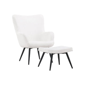 Como Armchair with Footstool, White Boucle | Modern Accent Chair with Black Metal Legs