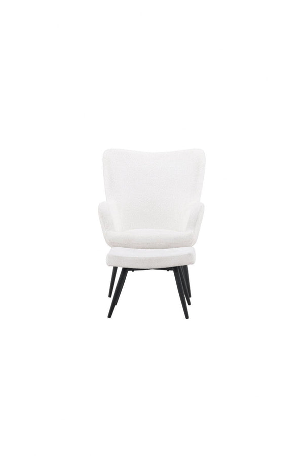 Como Armchair with Footstool, White Boucle | Modern Accent Chair with Black Metal Legs