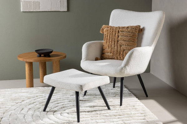 Como Armchair with Footstool, White Boucle | Modern Accent Chair with Black Metal Legs