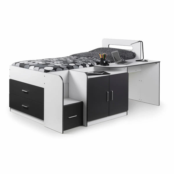 Cookie Cabin Bed with Integrated Desk, Storage Drawers, Cupboard & Shelving – White & Charcoal Grey - Sleek Furniture
