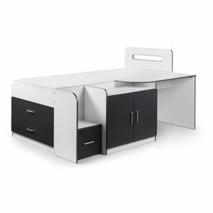 Cookie Cabin Bed with Integrated Desk, Storage Drawers, Cupboard & Shelving – White & Charcoal Grey - Sleek Furniture