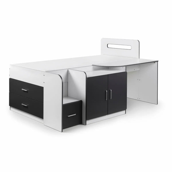Cookie Cabin Bed with Integrated Desk, Storage Drawers, Cupboard & Shelving – White & Charcoal Grey - Sleek Furniture