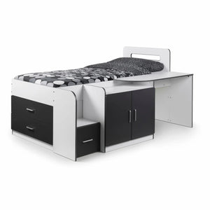 Cookie Cabin Bed with Integrated Desk, Storage Drawers, Cupboard & Shelving – White & Charcoal Grey - Sleek Furniture