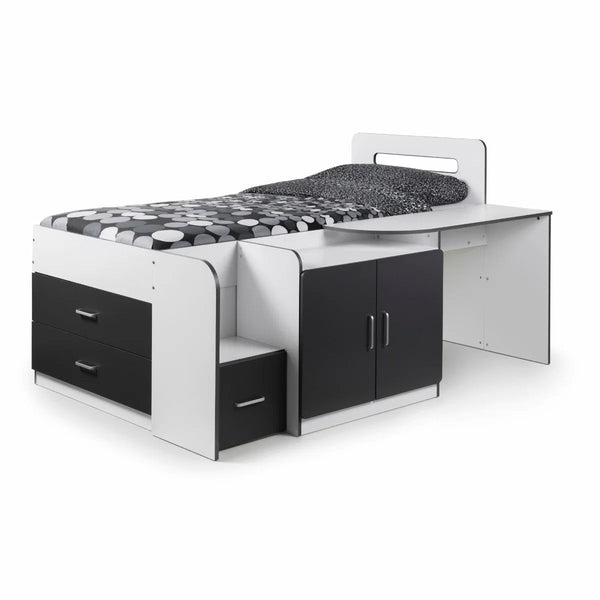 Cookie Cabin Bed with Integrated Desk, Storage Drawers, Cupboard & Shelving – White & Charcoal Grey - Sleek Furniture