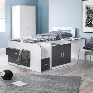 Cookie Cabin Bed with Integrated Desk, Storage Drawers, Cupboard & Shelving – White & Charcoal Grey - Sleek Furniture