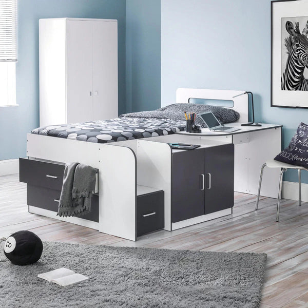 Cookie Cabin Bed with Integrated Desk, Storage Drawers, Cupboard & Shelving – White & Charcoal Grey - Sleek Furniture