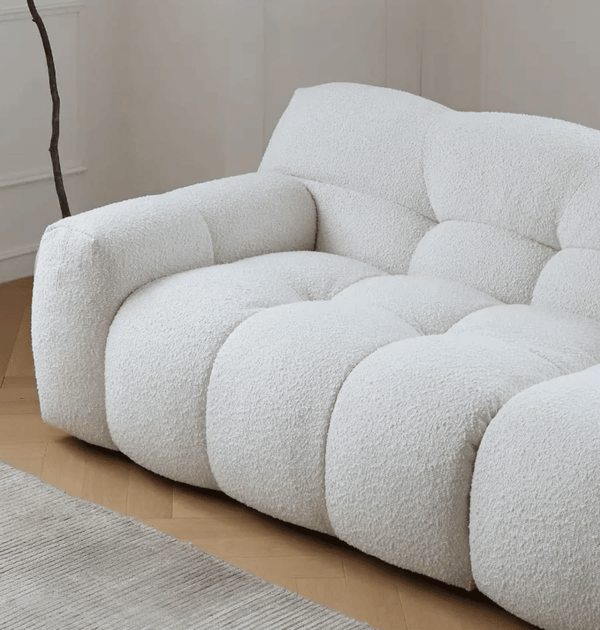 Cora Cloud Three Seater Boucle Sofa – Modern Upholstered 3 Seater Couch with Soft Textured Fabric for Contemporary Living Rooms, White or Grey - Sleek Furniture