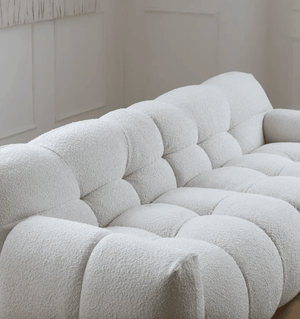 Cora Cloud Three Seater Boucle Sofa – Modern Upholstered 3 Seater Couch with Soft Textured Fabric for Contemporary Living Rooms, White or Grey - Sleek Furniture