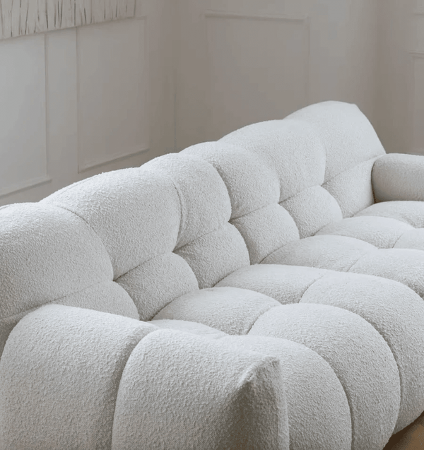 Cora Cloud Three Seater Boucle Sofa – Modern Upholstered 3 Seater Couch with Soft Textured Fabric for Contemporary Living Rooms, White or Grey - Sleek Furniture