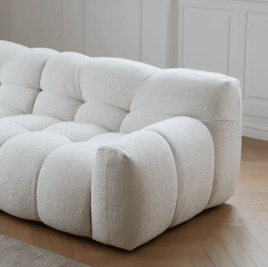 Cora Cloud Three Seater Boucle Sofa – Modern Upholstered 3 Seater Couch with Soft Textured Fabric for Contemporary Living Rooms, White or Grey - Sleek Furniture