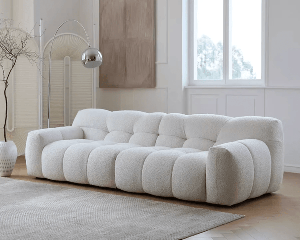 Cora Cloud Three Seater Boucle Sofa – Modern Upholstered 3 Seater Couch with Soft Textured Fabric for Contemporary Living Rooms, White or Grey - Sleek Furniture