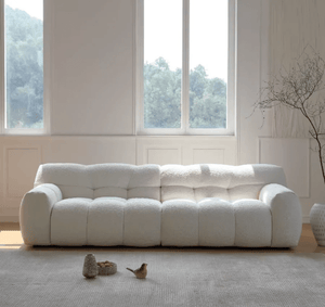 Cora Cloud Three Seater Boucle Sofa – Modern Upholstered 3 Seater Couch with Soft Textured Fabric for Contemporary Living Rooms, White or Grey - Sleek Furniture