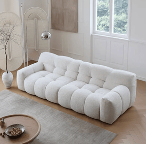Cora Cloud Three Seater Boucle Sofa – Modern Upholstered 3 Seater Couch with Soft Textured Fabric for Contemporary Living Rooms, White or Grey - Sleek Furniture