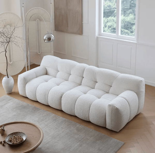 Cora Cloud Three Seater Boucle Sofa – Modern Upholstered 3 Seater Couch with Soft Textured Fabric for Contemporary Living Rooms, White or Grey - Sleek Furniture