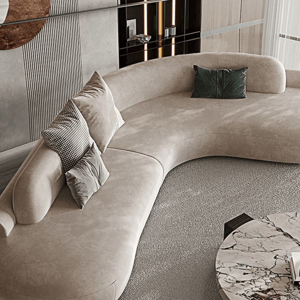 Cosima Grey Curved Velvet Four Seater Sofa | Modern Long Curved Lounge Sofa with Stainless Steel Base | Contemporary Luxury Living Room Couch - Sleek Furniture