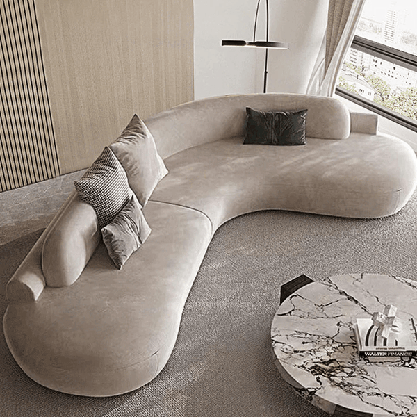 Cosima Grey Curved Velvet Four Seater Sofa | Modern Long Curved Lounge Sofa with Stainless Steel Base | Contemporary Luxury Living Room Couch - Sleek Furniture