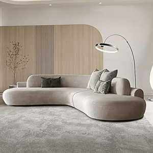 Cosima Grey Curved Velvet Four Seater Sofa | Modern Long Curved Lounge Sofa with Stainless Steel Base | Contemporary Luxury Living Room Couch - Sleek Furniture